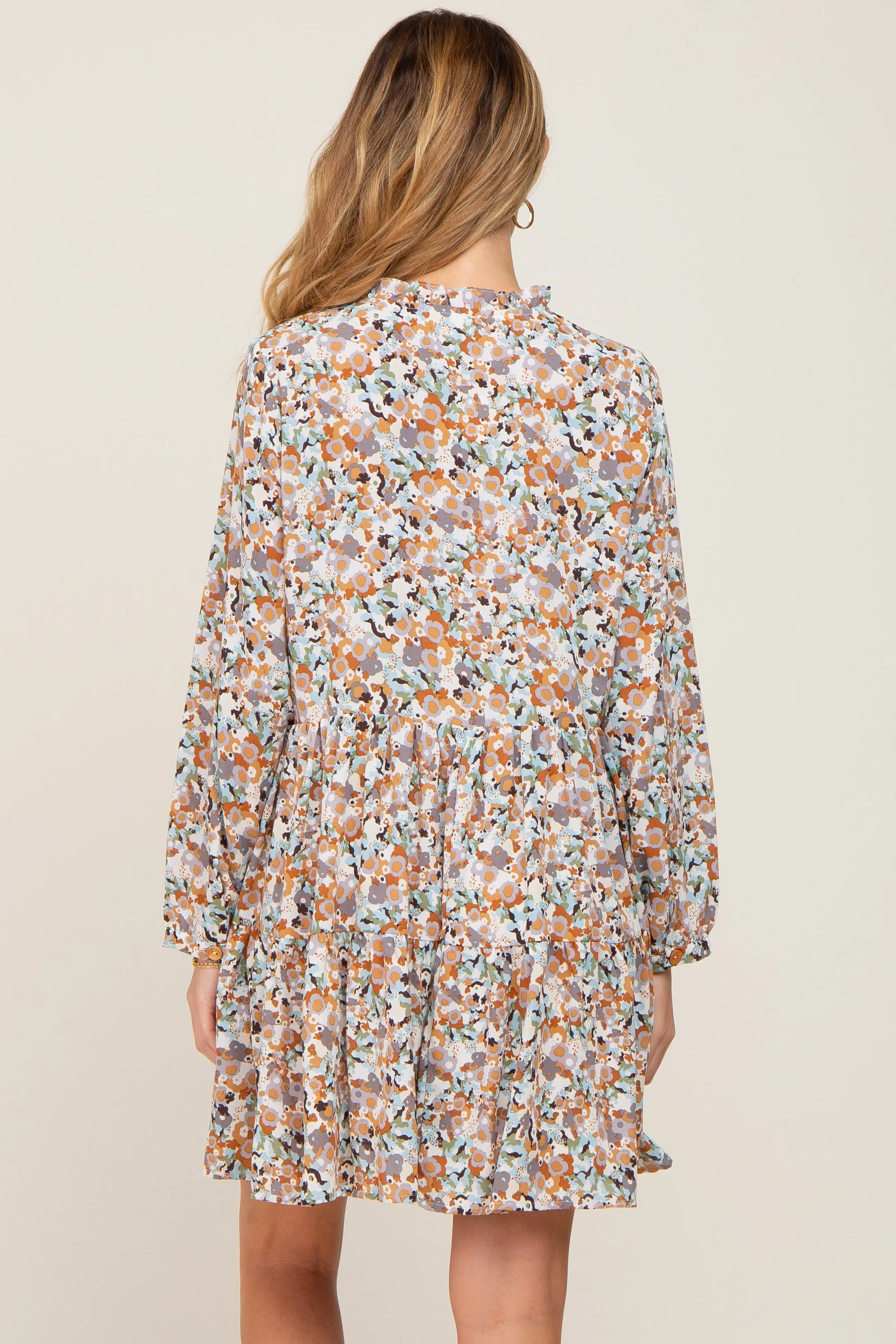 Beige Floral Button Front Tiered Maternity Dress