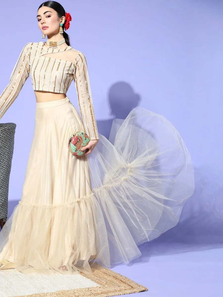 Beige Net Embroidered Ruffled Co-Ords