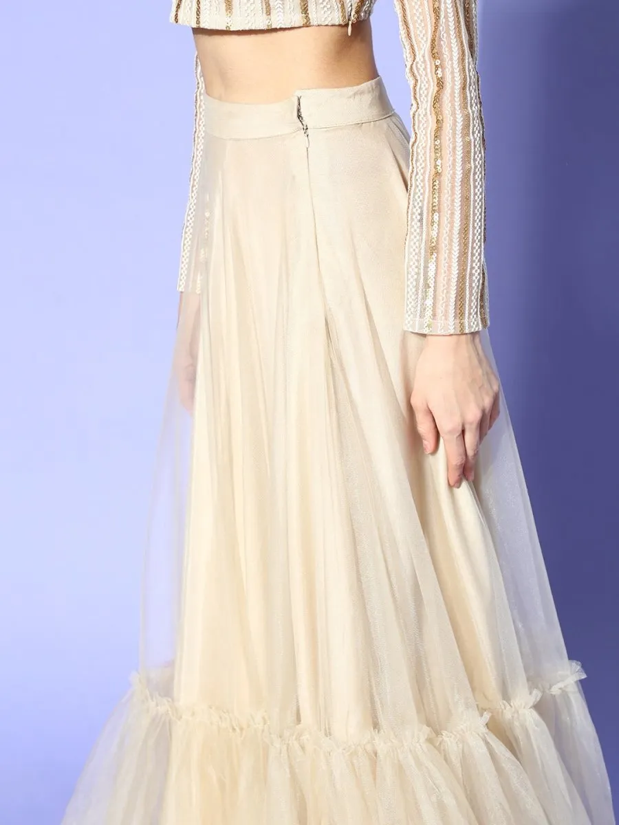 Beige Net Embroidered Ruffled Co-Ords