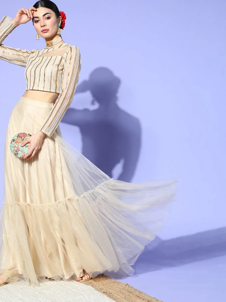 Beige Net Embroidered Ruffled Co-Ords