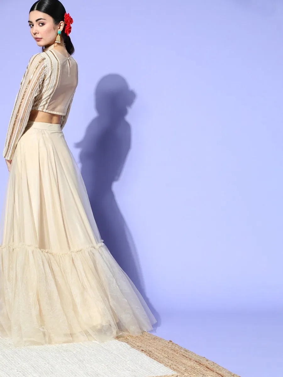 Beige Net Embroidered Ruffled Co-Ords