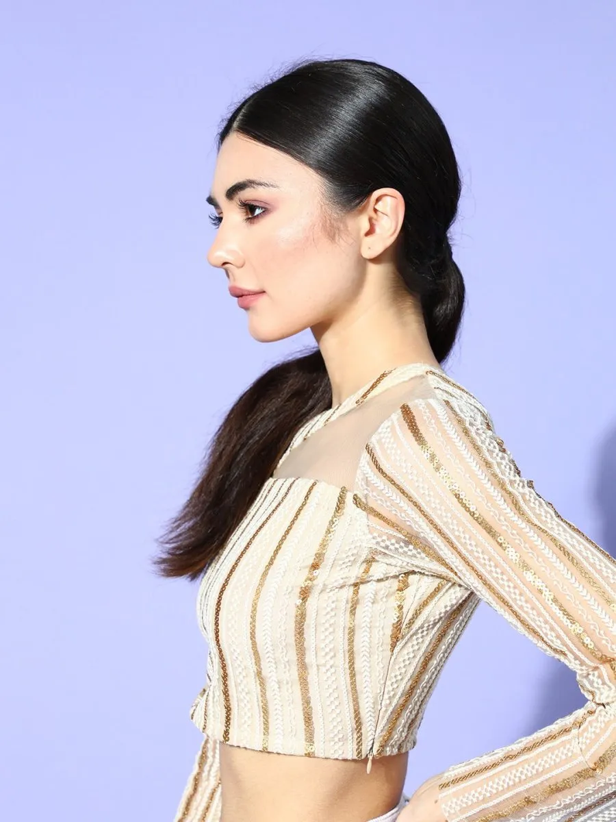 Beige Net Embroidered Ruffled Co-Ords