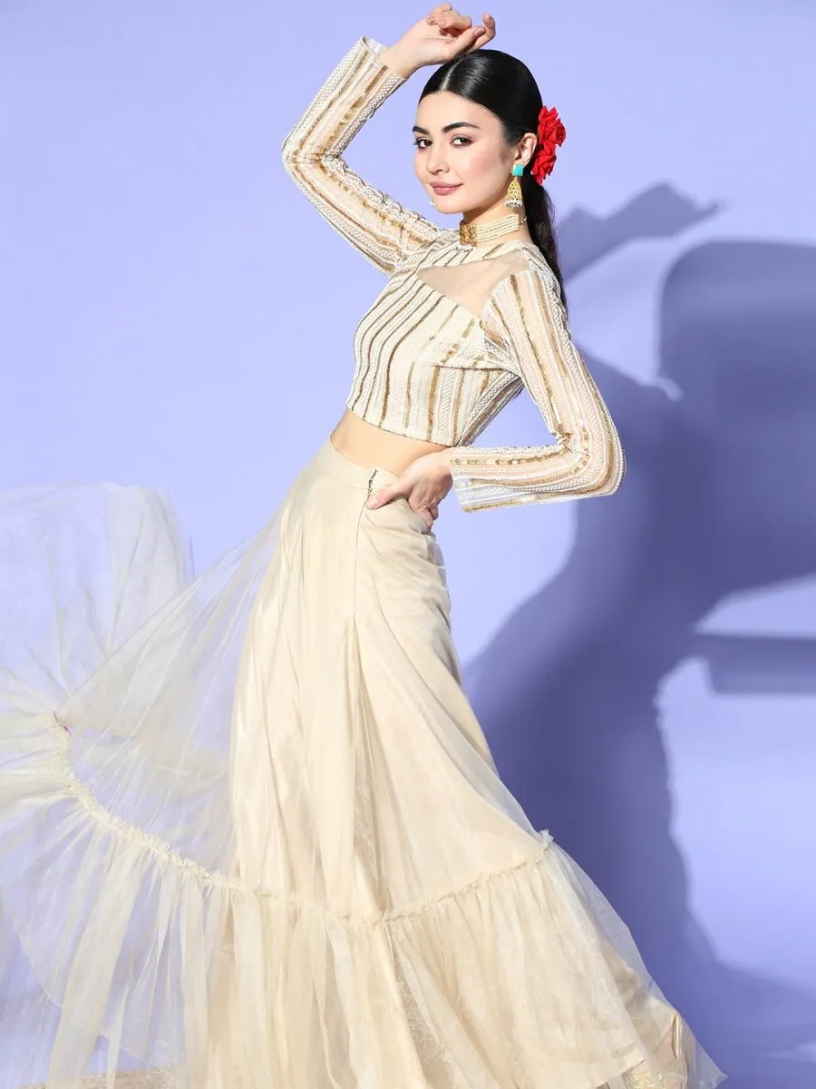 Beige Net Embroidered Ruffled Co-Ords