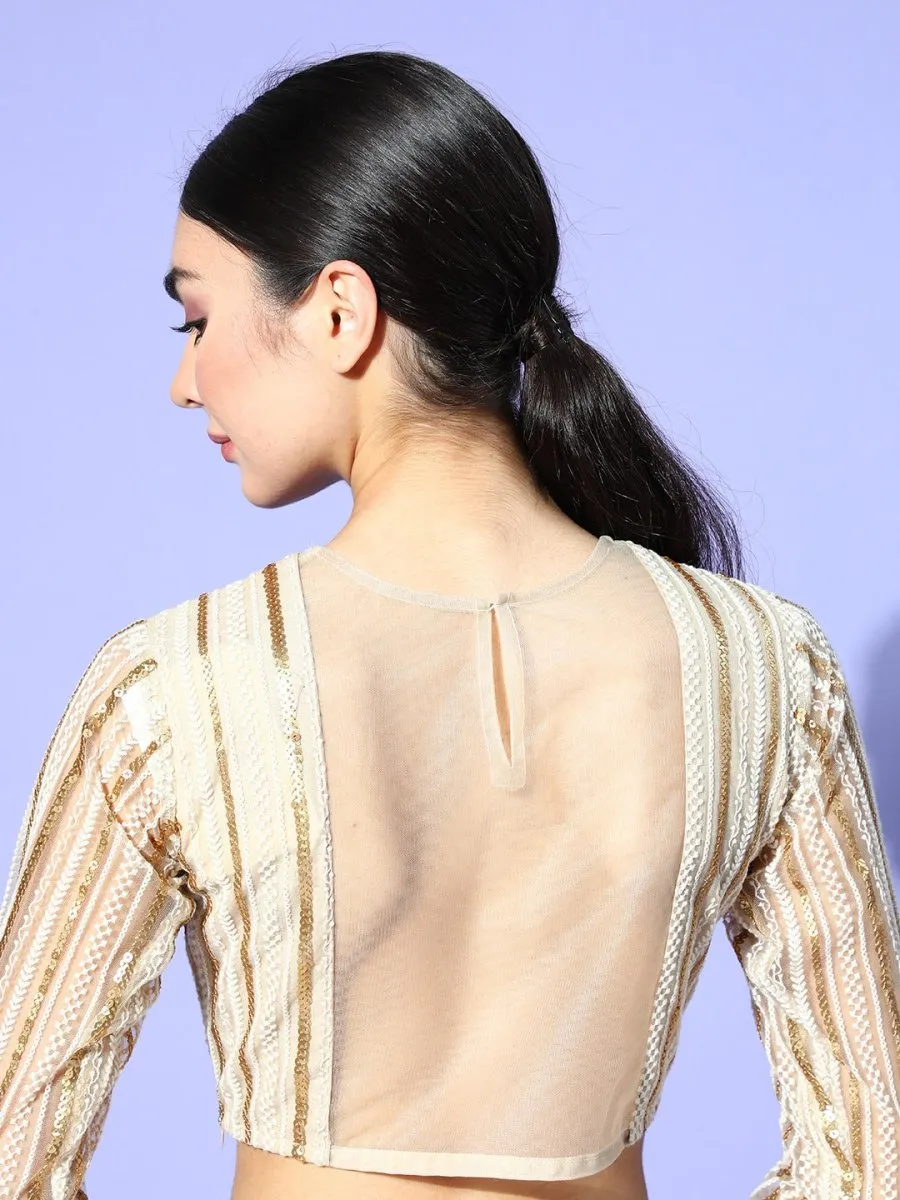 Beige Net Embroidered Ruffled Co-Ords