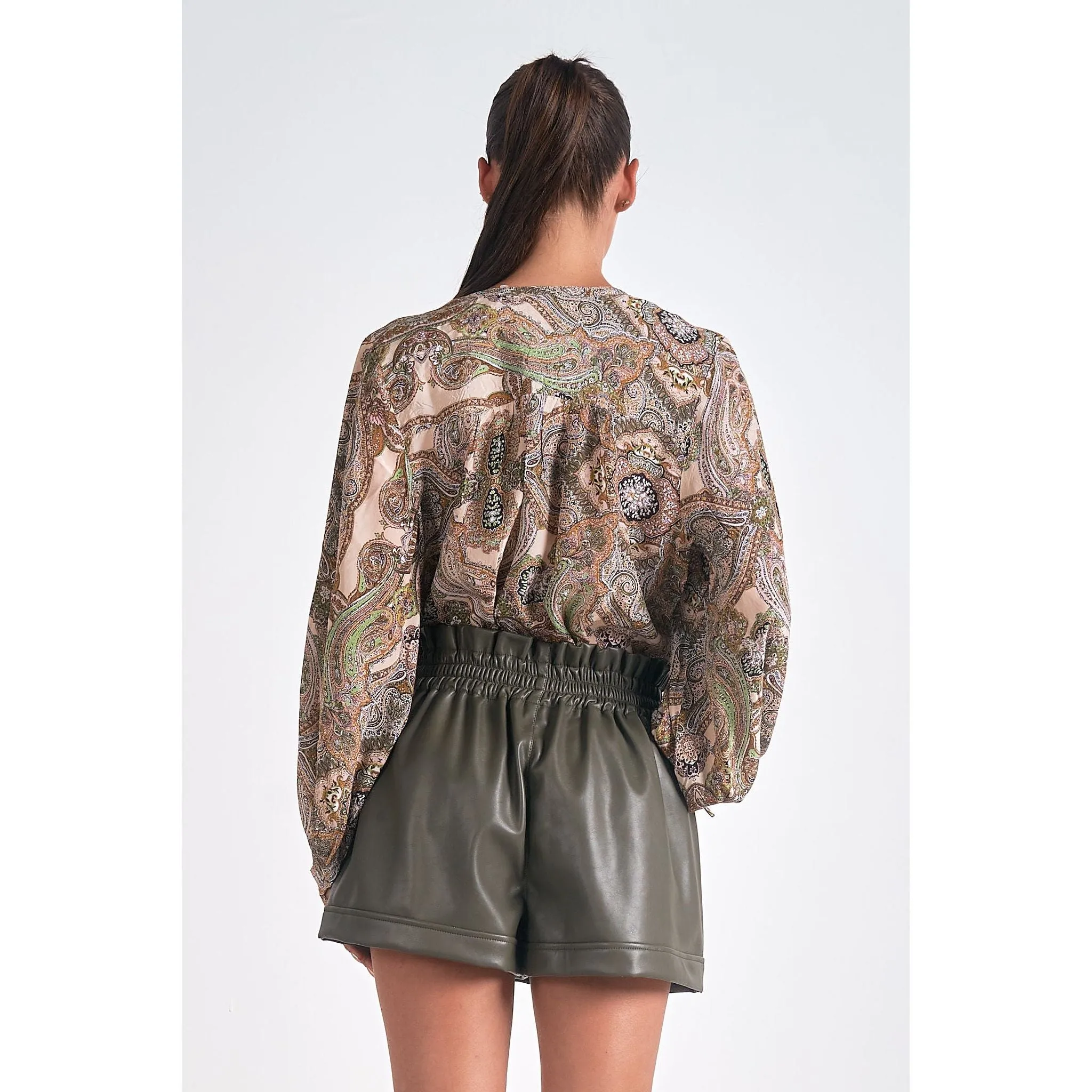 Beige Paisley Blouse with Bubble Sleeves