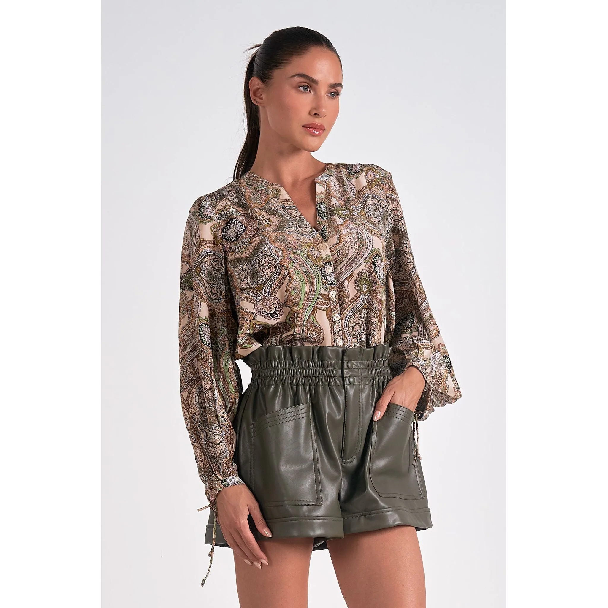 Beige Paisley Blouse with Bubble Sleeves