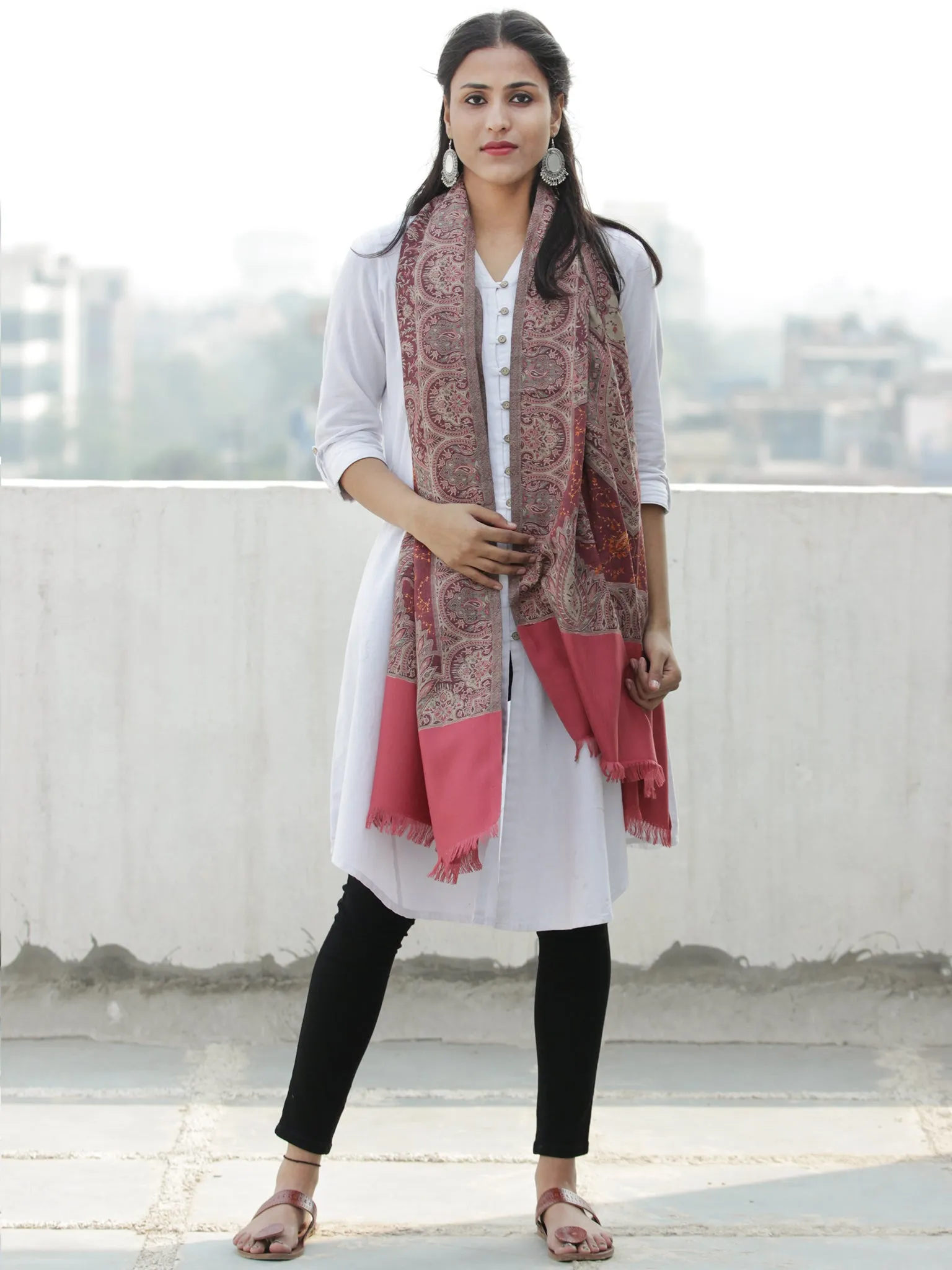 Beige Rosewood Pink Jacouard Jamawar Needle Embroidered Woollen Kashmiri Stole - S200591