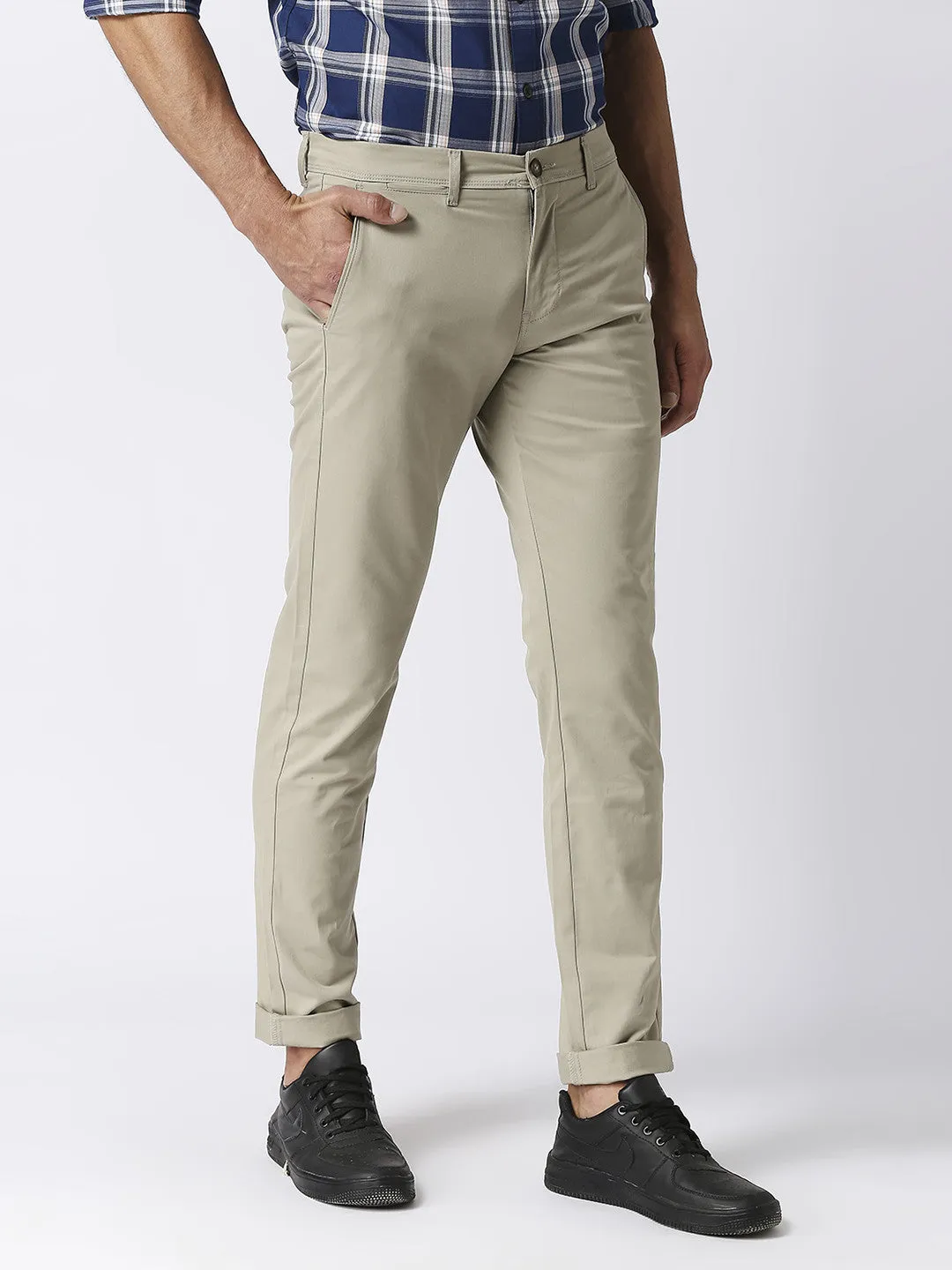 Beige Slim Tapered Cotton Stretch Trouser
