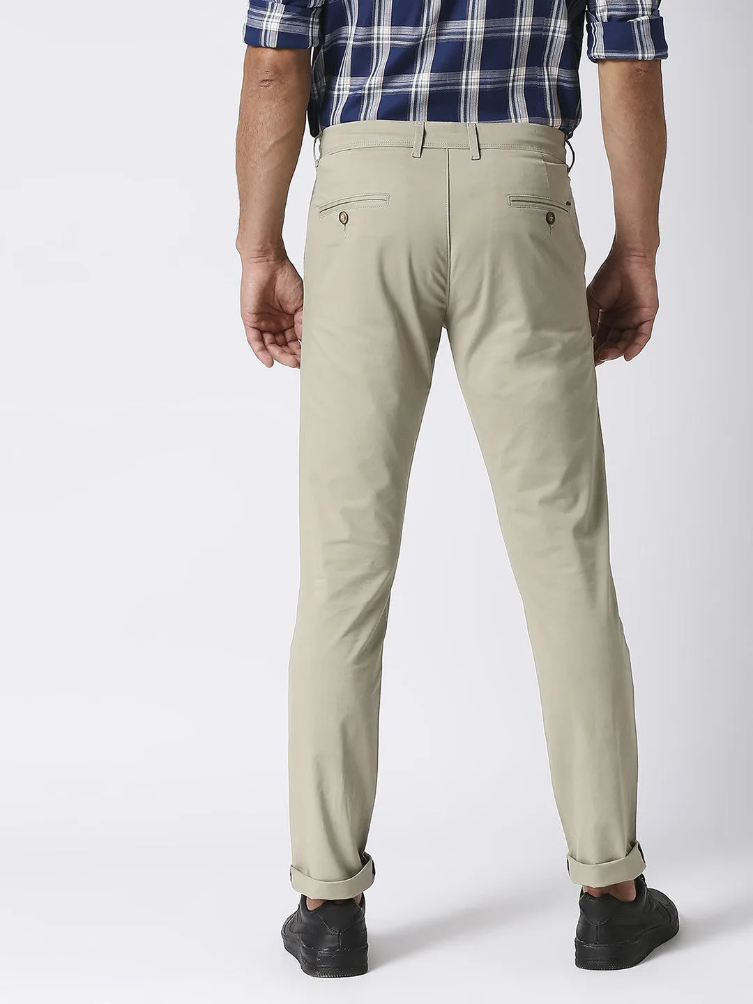 Beige Slim Tapered Cotton Stretch Trouser