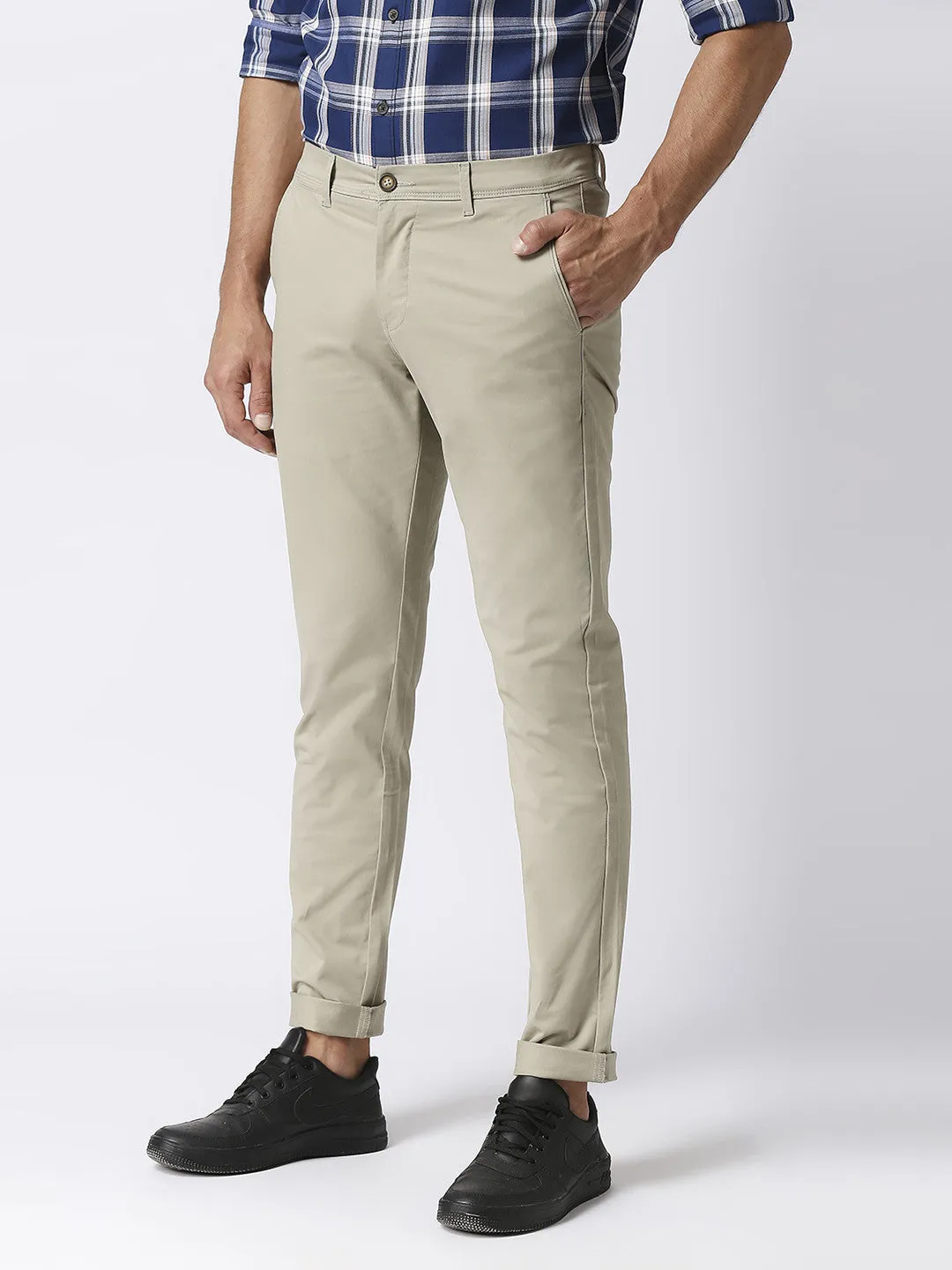 Beige Slim Tapered Cotton Stretch Trouser