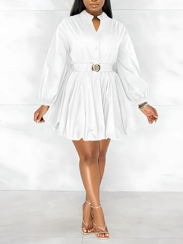 Belted Puffy Sleeve Dress
