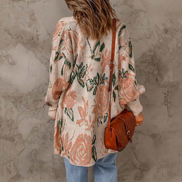 BerryBetty - Casual Floral Print Knitted Cardigan