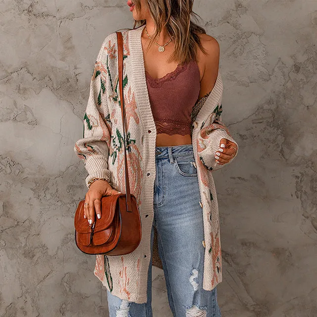BerryBetty - Casual Floral Print Knitted Cardigan