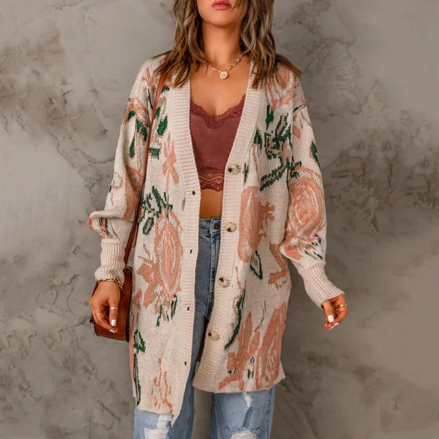 BerryBetty - Casual Floral Print Knitted Cardigan