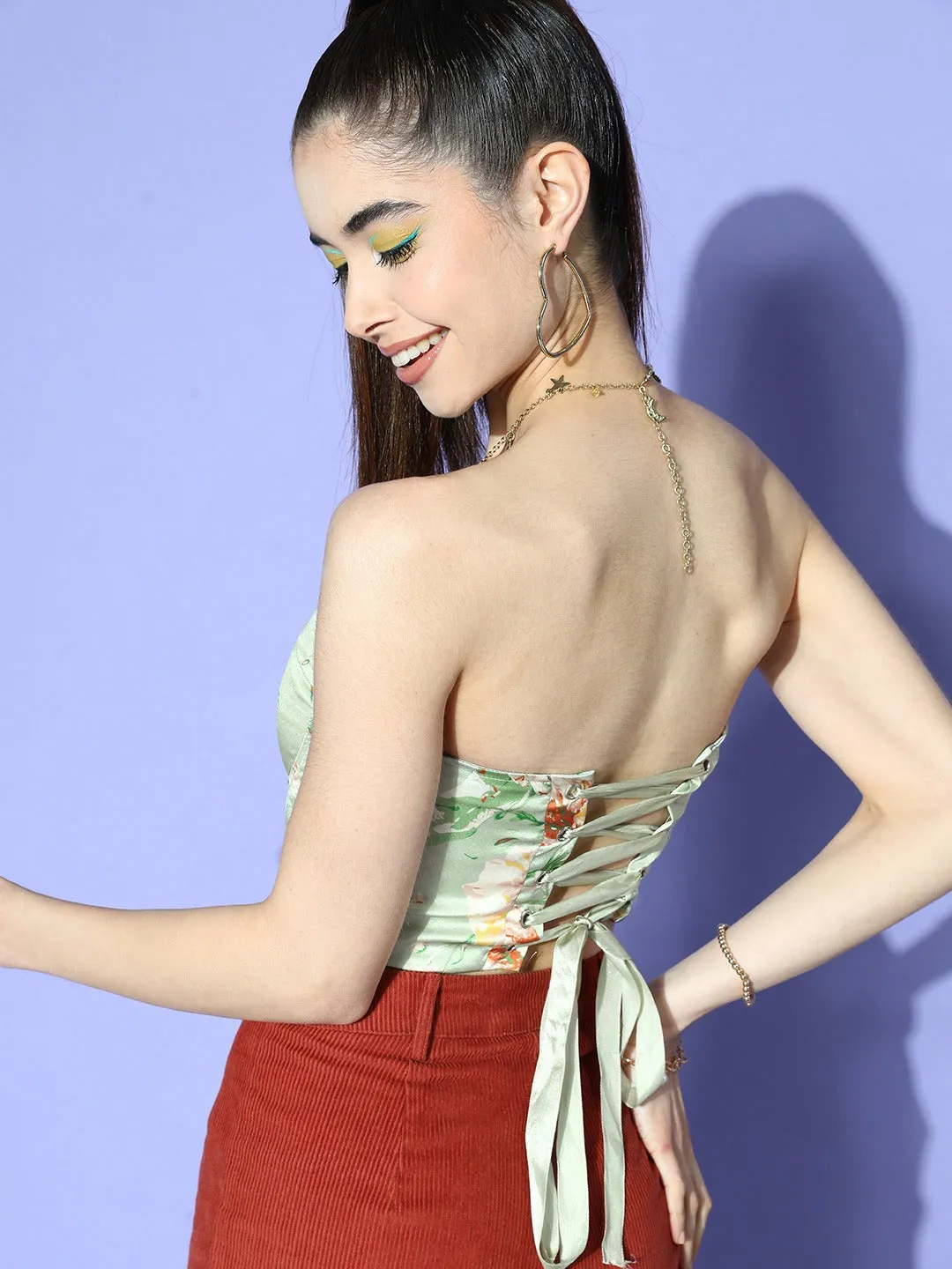 Berrylush Women Green & Orange Floral Printed Strapless Neck Satin Back Tie-Up Tube Cropped Top