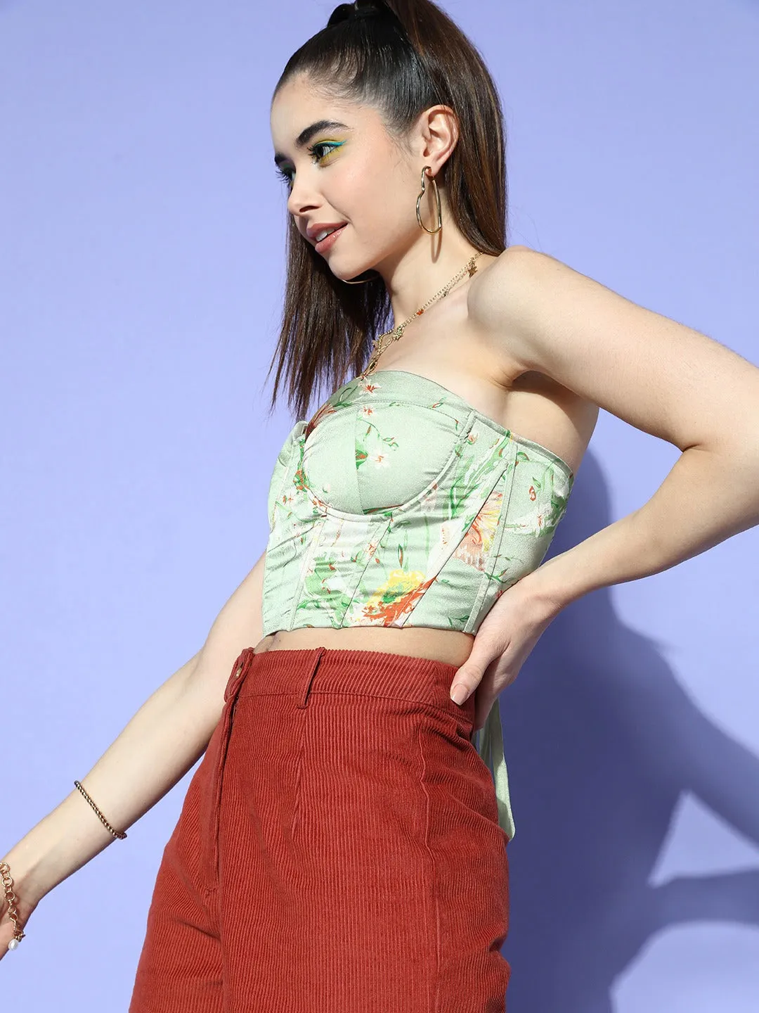 Berrylush Women Green & Orange Floral Printed Strapless Neck Satin Back Tie-Up Tube Cropped Top