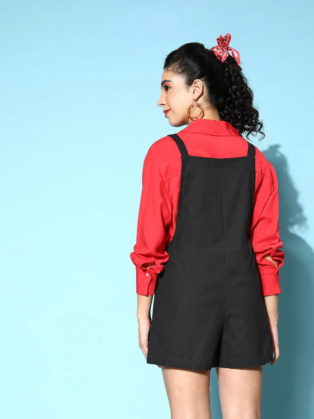 Berrylush Women Solid Black Square Neck Sleeveless Snap-Up Twofer Mini Dungarees