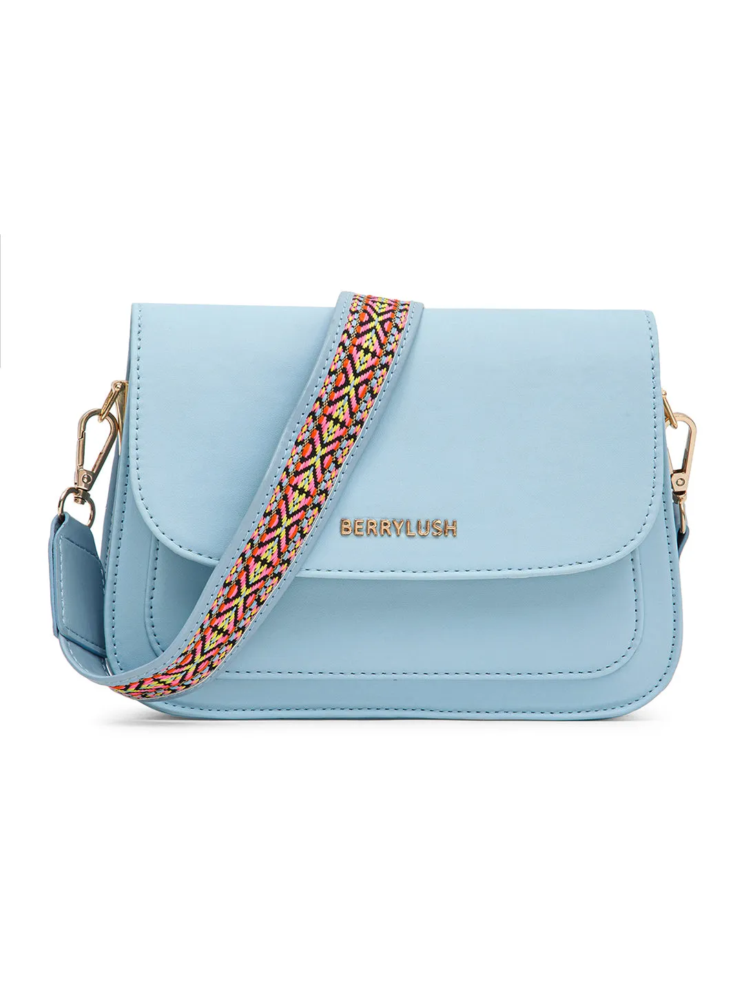 Berrylush Women Solid Blue PU Detachable Sling Strap Geometric Pattern Structured Regular Sling Bag