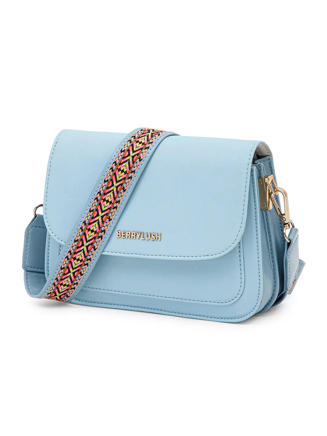 Berrylush Women Solid Blue PU Detachable Sling Strap Geometric Pattern Structured Regular Sling Bag