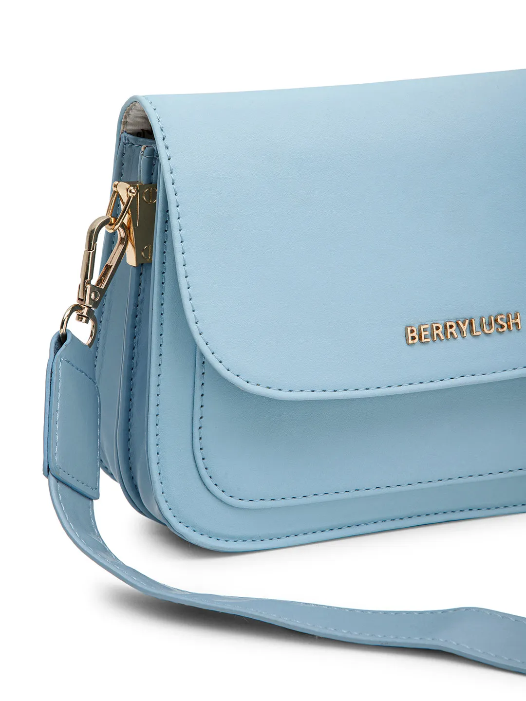 Berrylush Women Solid Blue PU Detachable Sling Strap Geometric Pattern Structured Regular Sling Bag