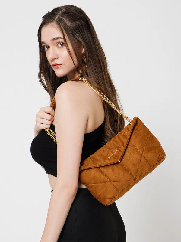 Berrylush Women Solid Brown PU Two-Handle Button Embellished Quilted Shoulder Bag