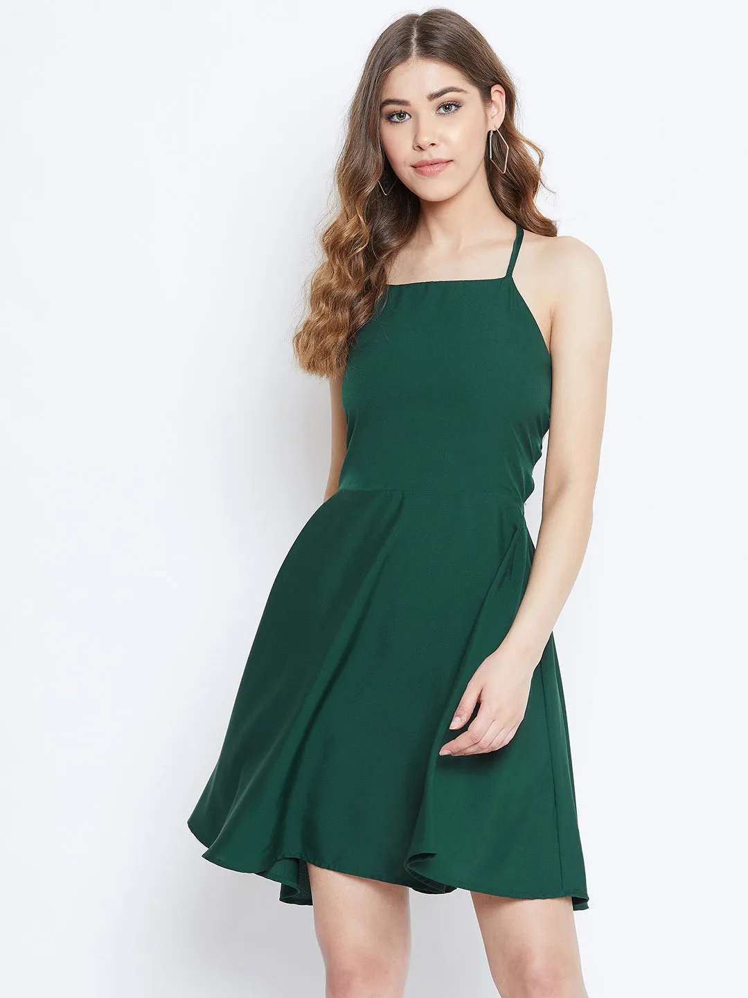 Berrylush Women Solid Green Caged Tie-Back Fit & Flare Mini Dress