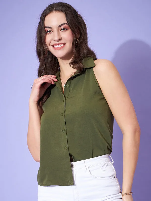 Berrylush Women Solid Olive Green Spread Collar Neck Sleeveless Button-Up Curved Hem Regular Shirt