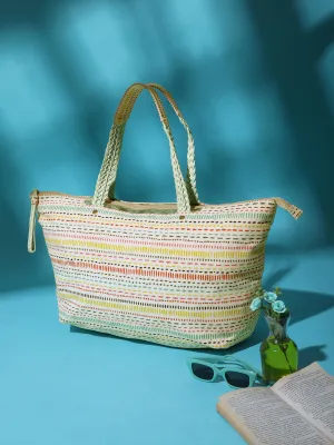 Berrylush Women White & Multicolour Boho Graphic Printed Canvas Zipper-Up Oversized Tote Bag