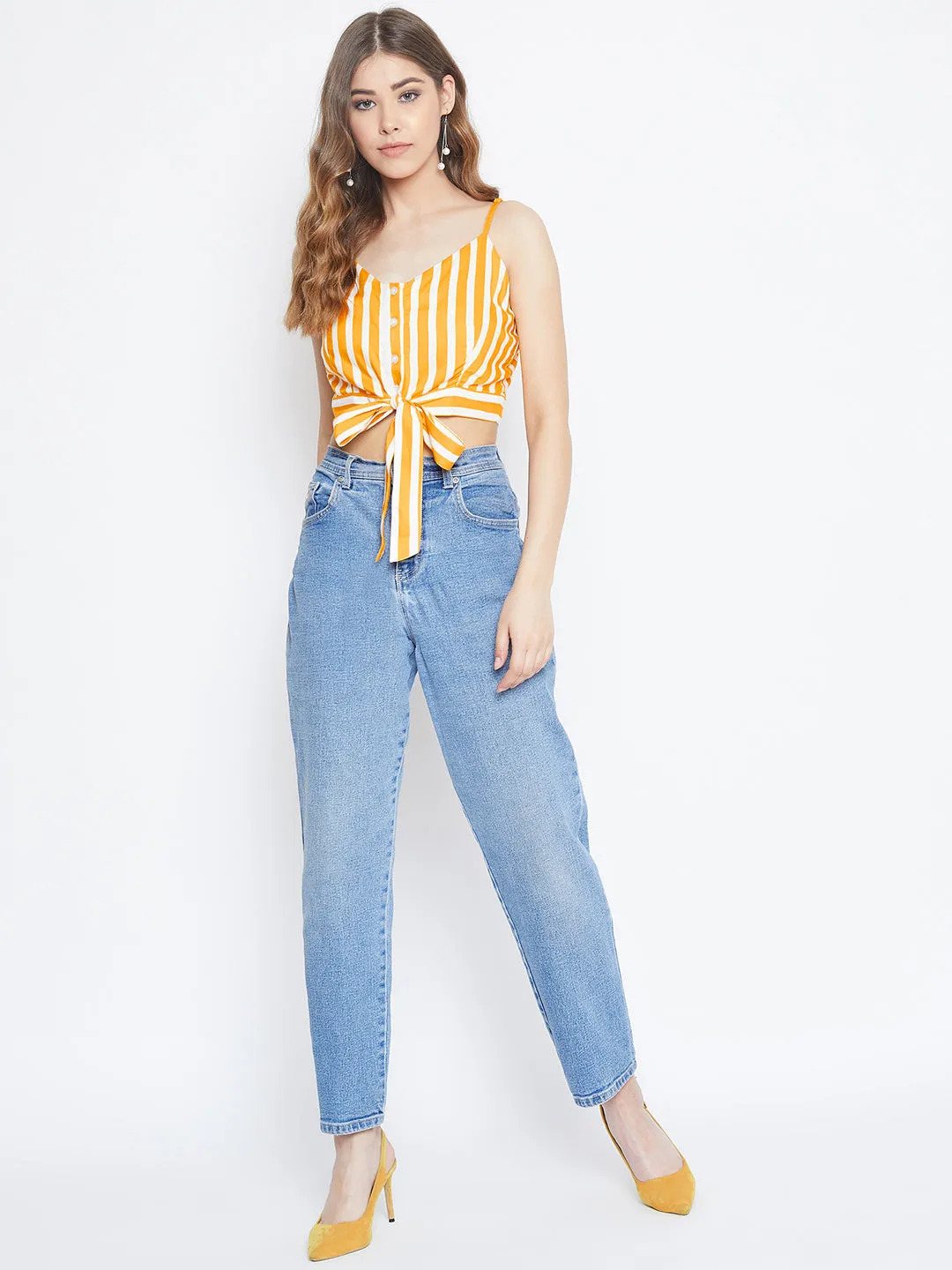 Berrylush Women Yellow & White Striped Print V-Neck Waist Tie-Up Cropped Top