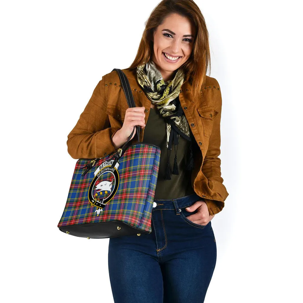 Bethune Tartan Leather Tote Bag with Family Crest