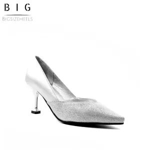 Bigsizeheels Trendy Slip-On Pointed Toe Stiletto Heels - Silver