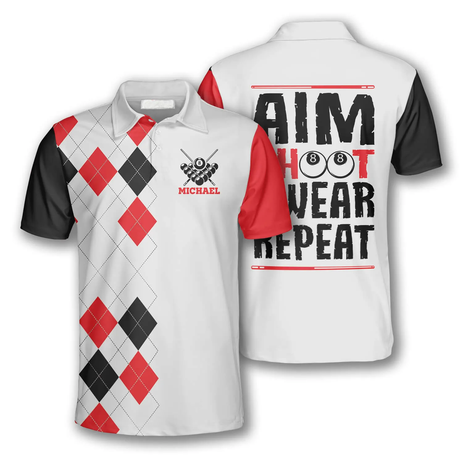 Billiards Aim Shoot Swear Repeat Custom Billiard Shirts for Men, Custom Billiard Shirts for Team, Men's Billiard Polo Shirts