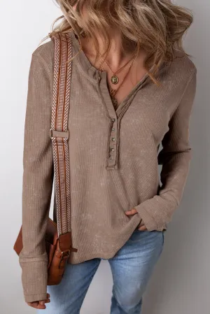 Black Acid Wash Waffle Knit Buttoned Neckline Long Sleeve Top Black Acid Wash Waffle Knit Buttoned Neckline Long Sleeve Top