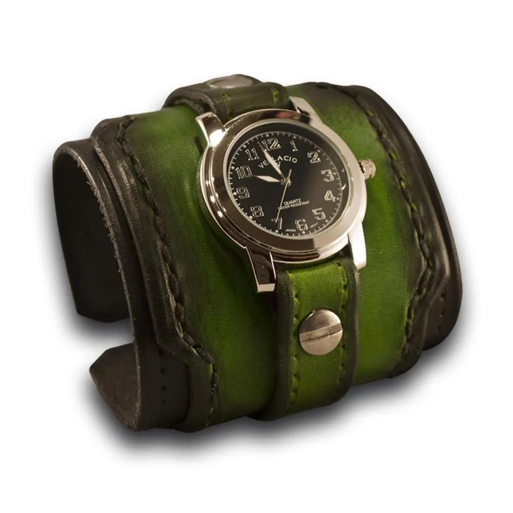 Black & Green Layered Rockstar Leather Cuff Watch