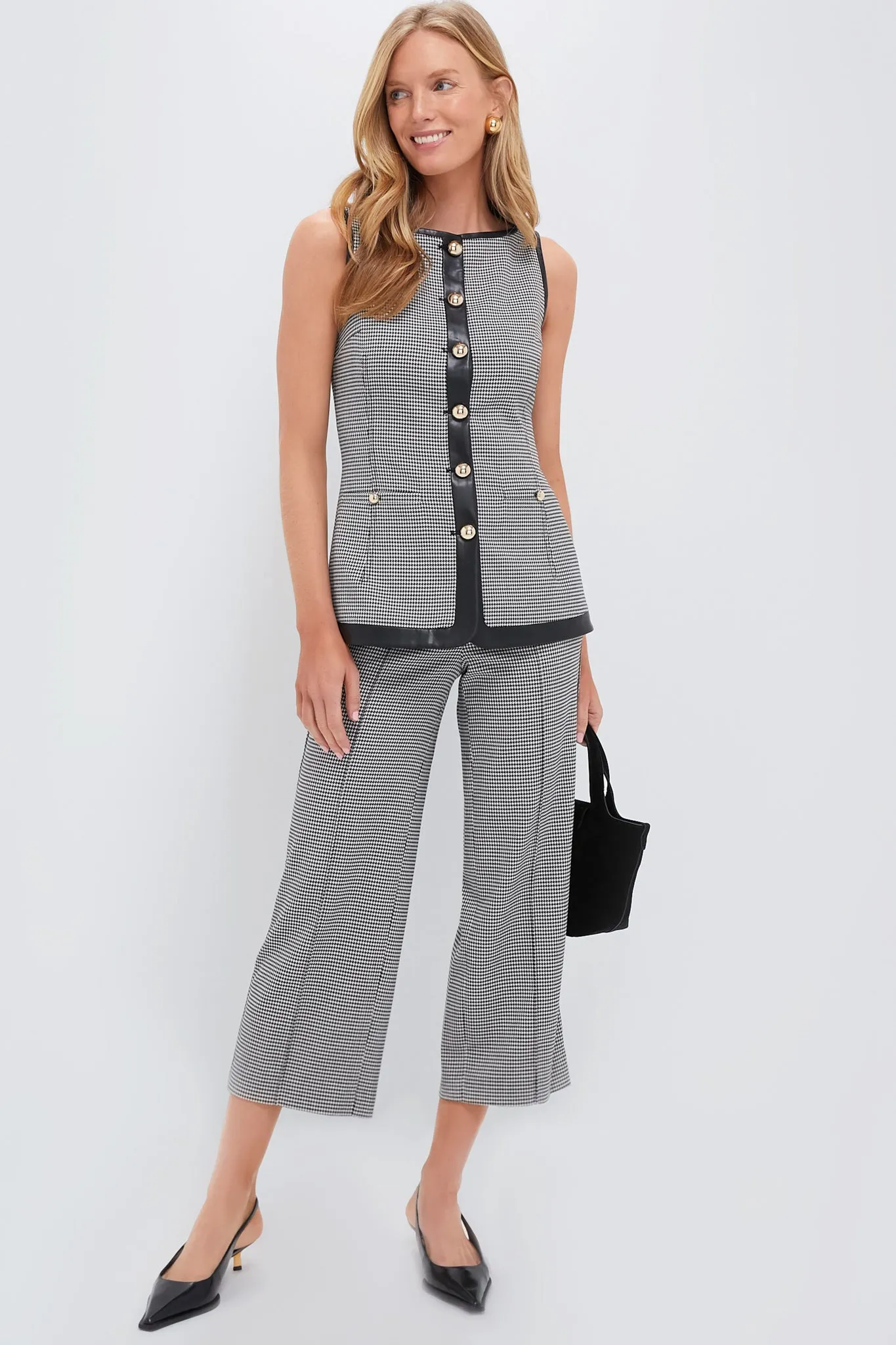 Black and White Check Miki Cropped Button Hem Pants