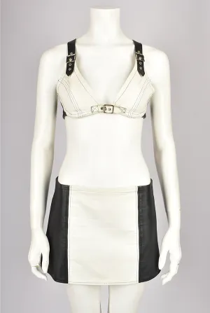 BLACK AND WHITE LEATHER BRA TOP AND SKIRT SET
