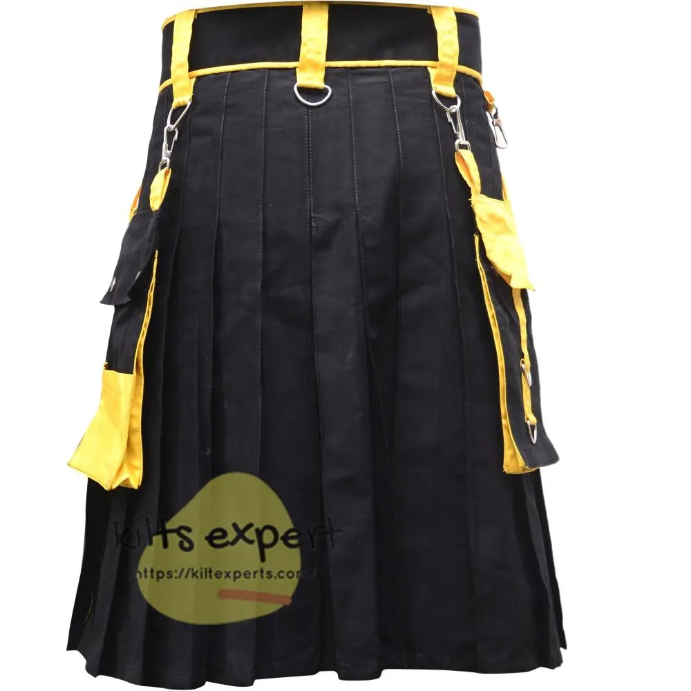 Black And Yellow Two Tone Fashionable Utility Kilt With Chain