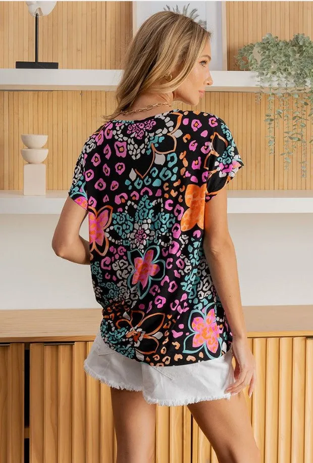 Black Bright Floral Print Top - #6792-6794