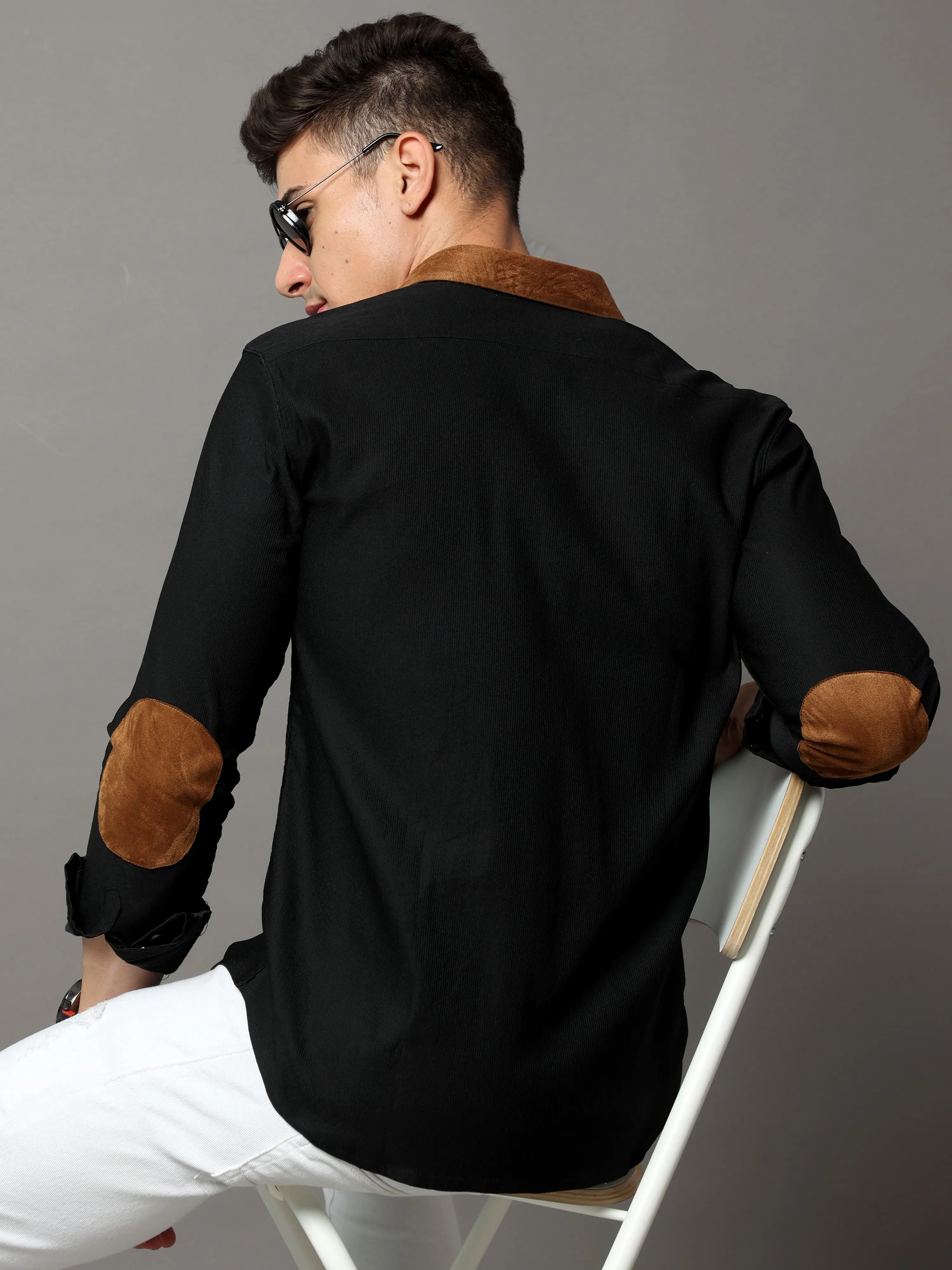 Black Cotton Self Stripe Corduroy With Leather Constrast Shirt