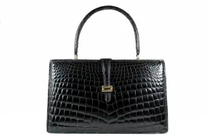Black crocodile skin frame handbag with front fastening