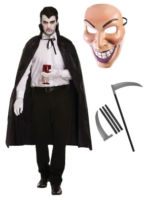 Black Dracula Cape, Male Evil Grin Face Mask, and Reaper Scythe Costume Set - Halloween Dracula Costume