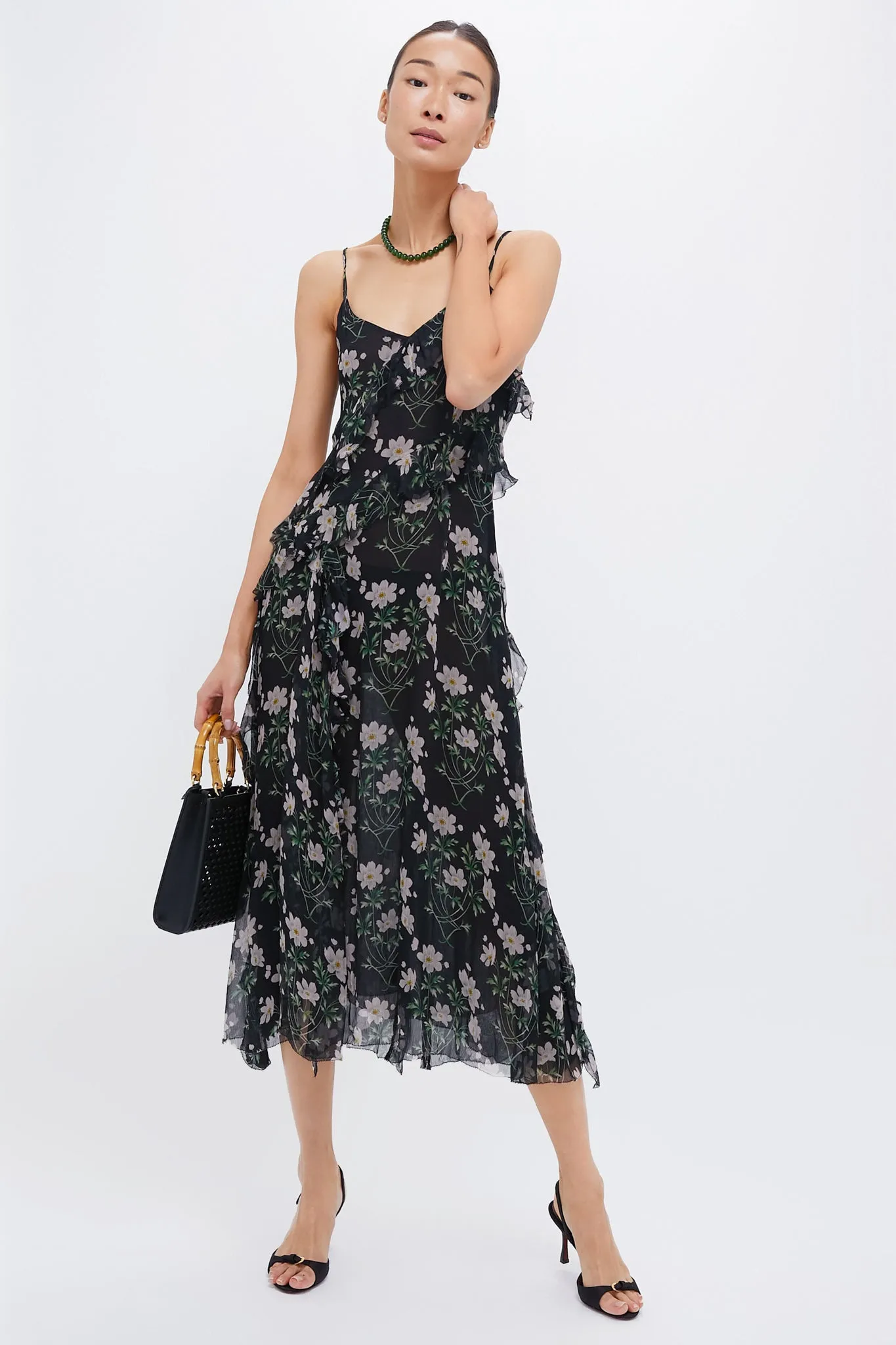 Black Elizabeth Print Midi Tiered Dress