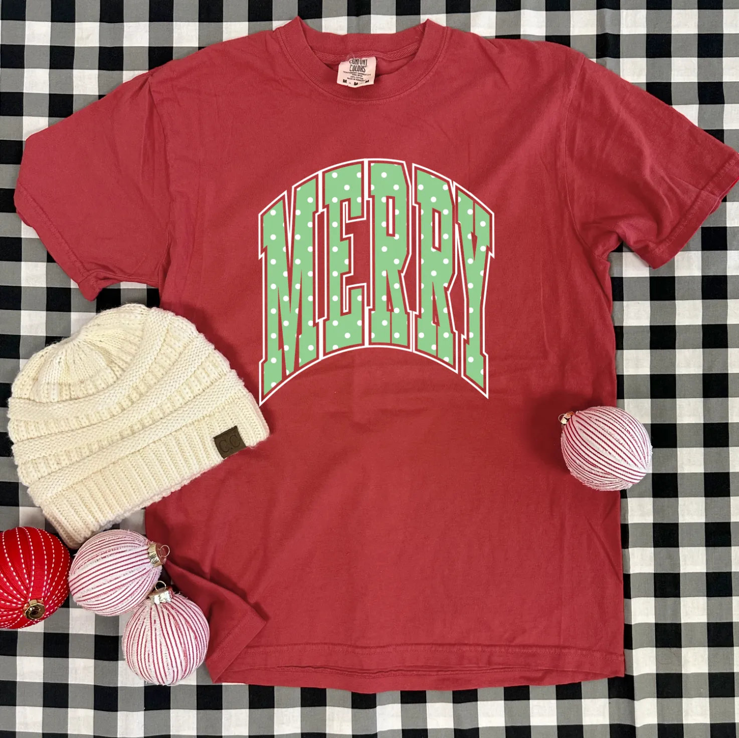 BLACK FRIDAY 2024: "MERRY" Polkadots (*MULTIPLE STYLES AVAILABLE: BASIC VNECK & CREW NECK, BELLA CANVAS VNECK & CREW NECK, COMFORT COLORS SHORT SLEEVE & LONG SLEEVE, SWEATSHIRT*)