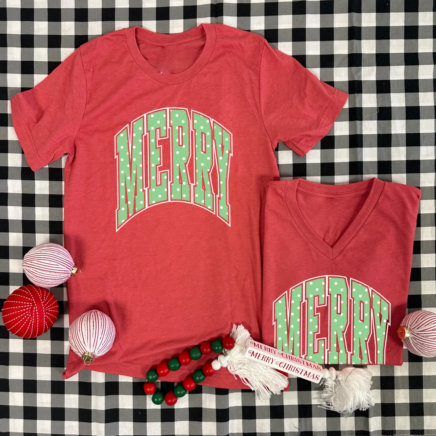 BLACK FRIDAY 2024: "MERRY" Polkadots (*MULTIPLE STYLES AVAILABLE: BASIC VNECK & CREW NECK, BELLA CANVAS VNECK & CREW NECK, COMFORT COLORS SHORT SLEEVE & LONG SLEEVE, SWEATSHIRT*)