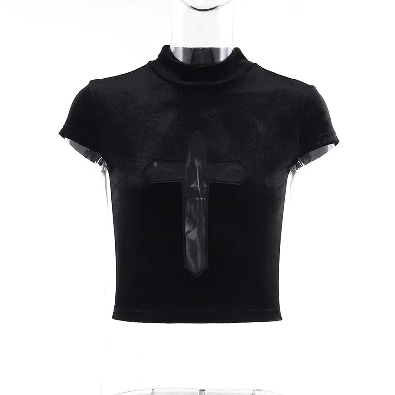 Black Goth Dark Cross Sheer Top