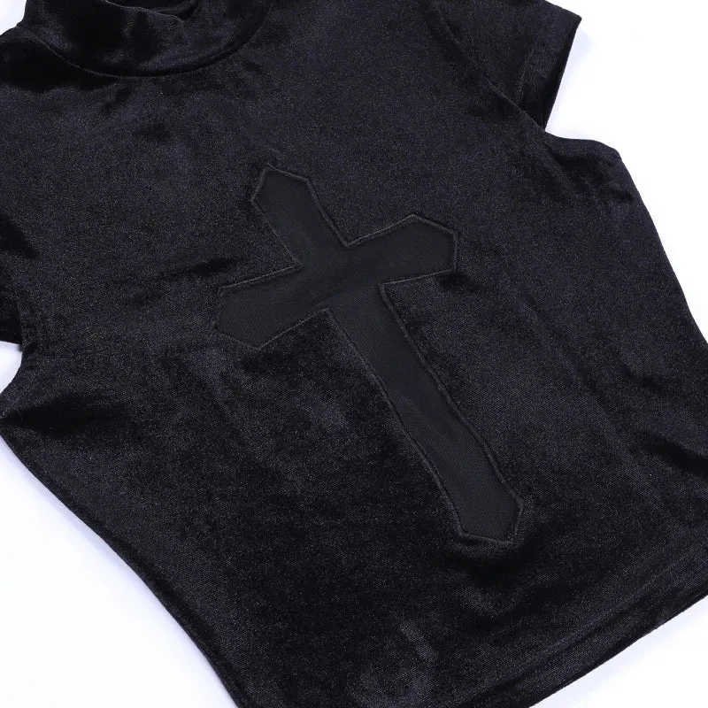 Black Goth Dark Cross Sheer Top