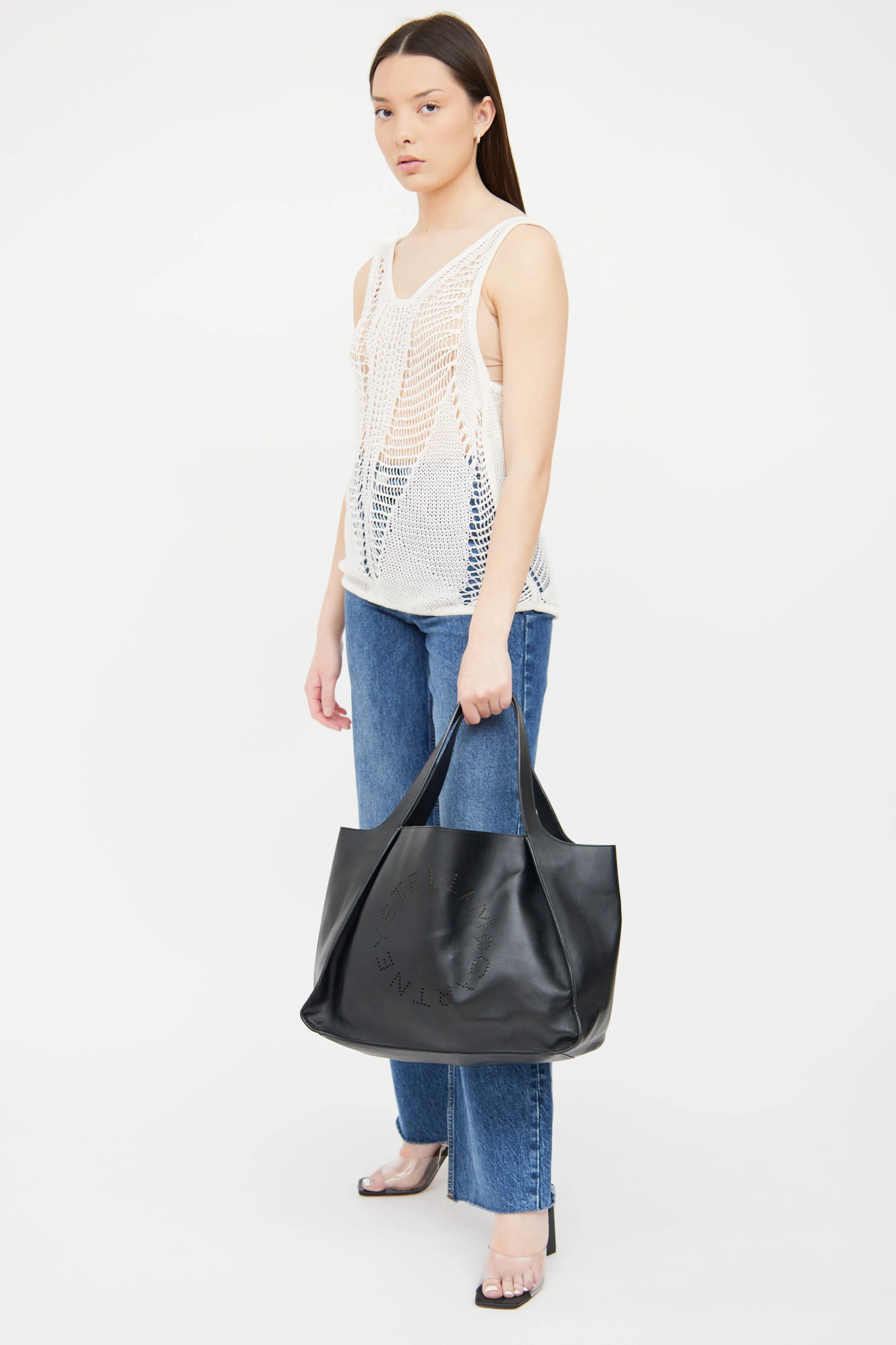 Black Logo Faux Leather Tote