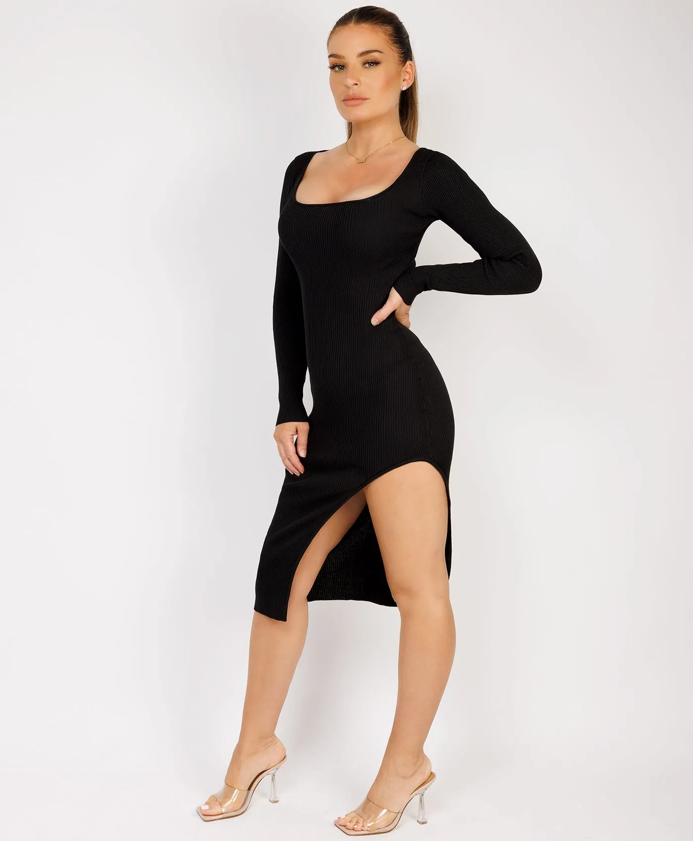 Black Long Sleeve Ribbed Side Split Knitted Midi Dress