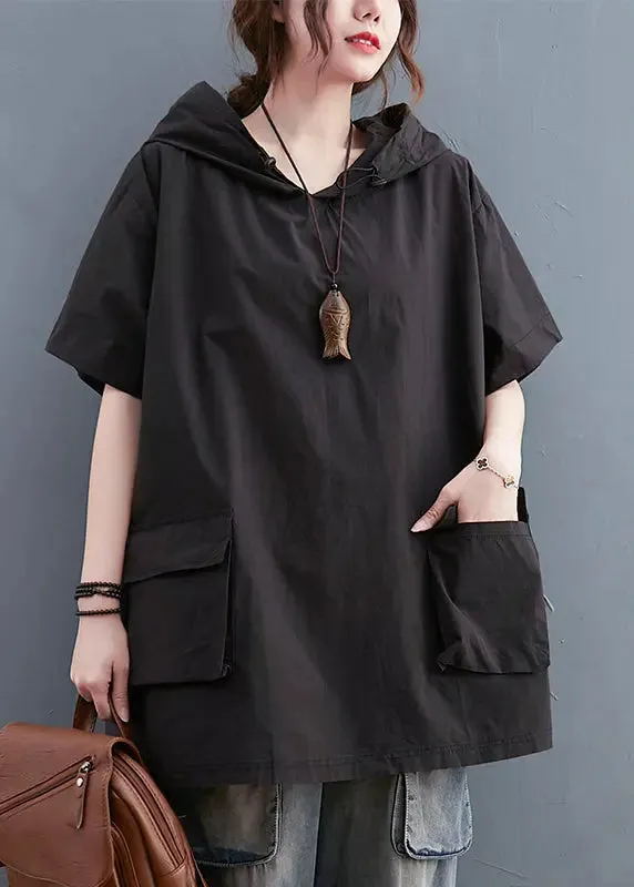 Black Loose Cotton Sweatshirt Streetwear Hooded Pockets Summer LY8675