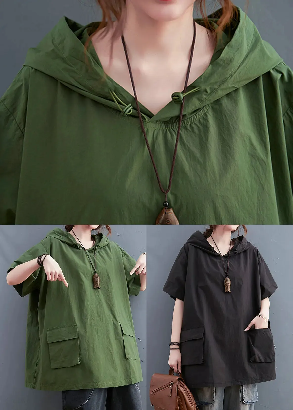 Black Loose Cotton Sweatshirt Streetwear Hooded Pockets Summer LY8675